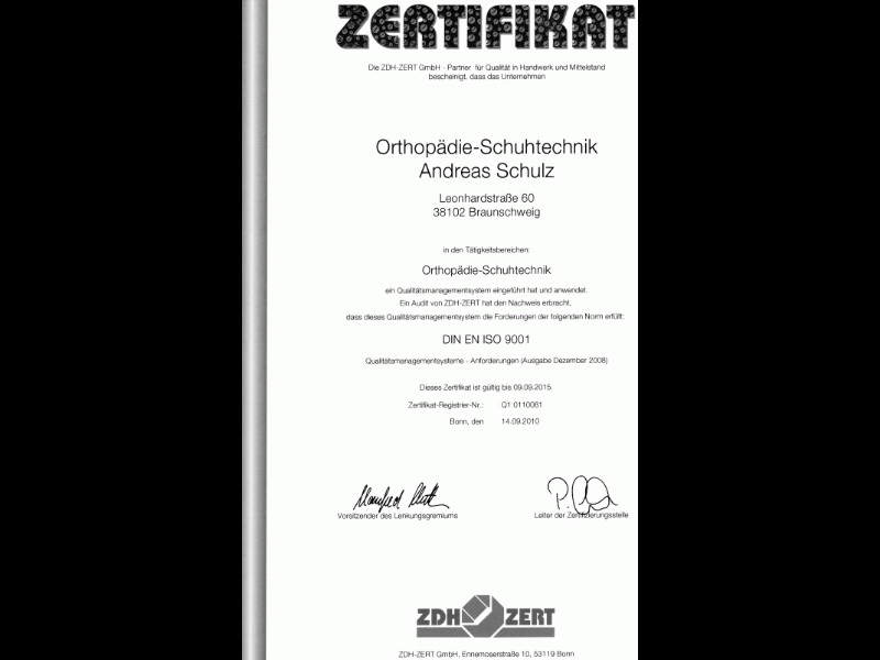 Zertifikat ZDH ZERT DIN EN ISO 9001